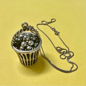 RARE Large Vintage Mid Century Danecraft Sterling Silver Basket Pendant Necklace